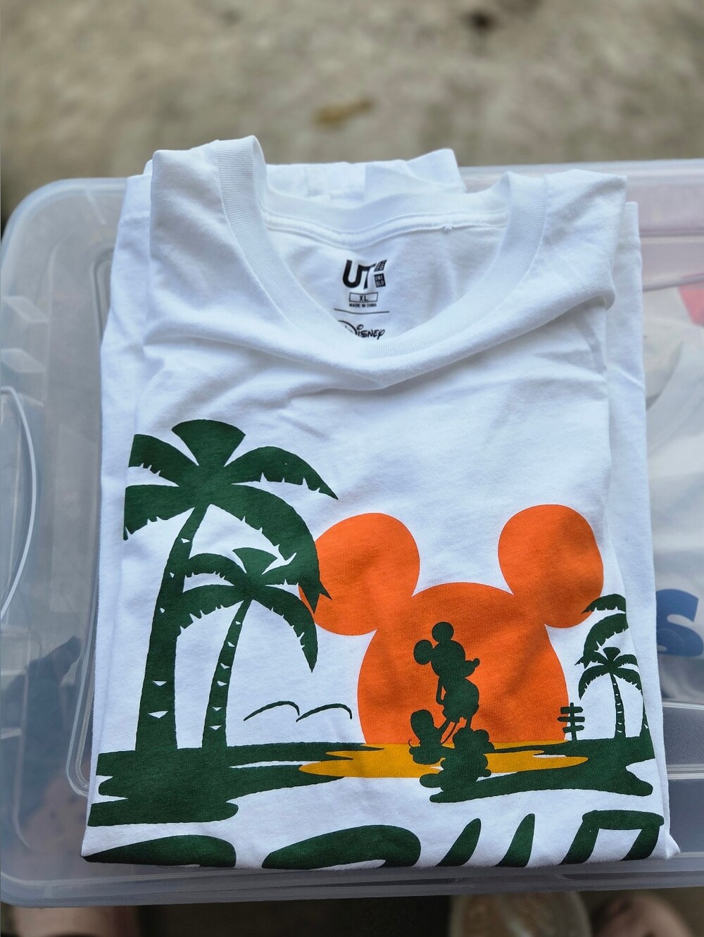Disney White T-Shirt with Orange Mickey Sunset and Green Palm Print